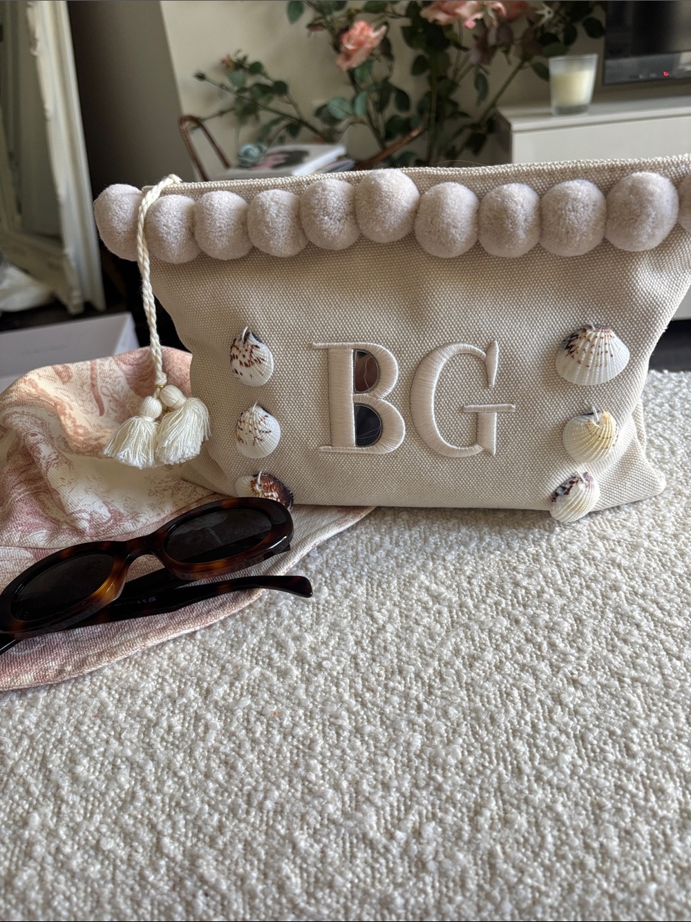 Bergdorf Goodman Beachy Keen Beige Pom Pom & Seashells Cotton Bag - NEW